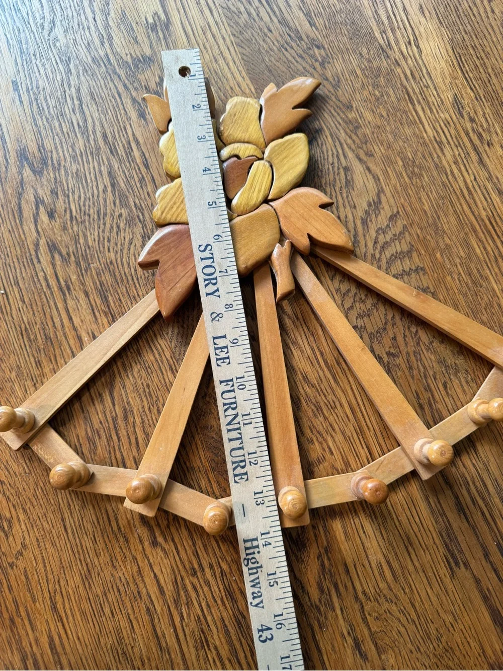 Vintage Accordion Wooden Peg Floral Fan Wall Hook Coat Purse Rack